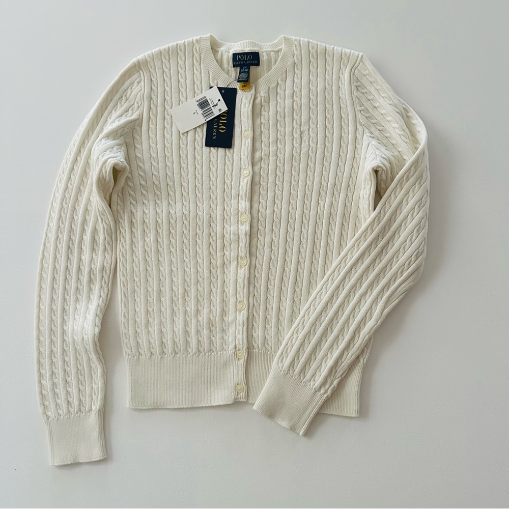 Polo Ralph Lauren Girls 12-14 Ivory Cable Knit Cardigan Sweater NWT